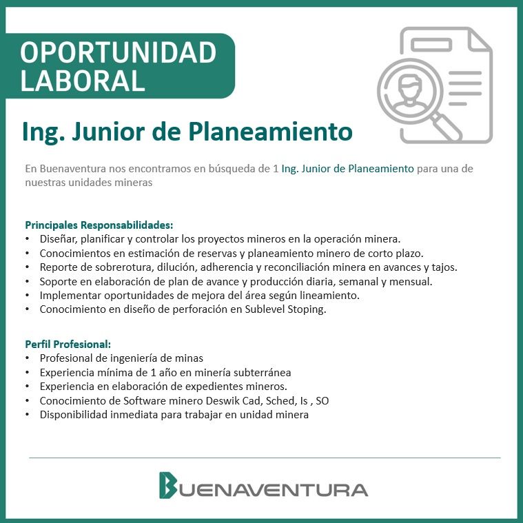 ¡Buenaventura está en búsqueda de un Ingeniero Junior de Planeamiento! No pierdas la oportunidad de unirte al equipo.