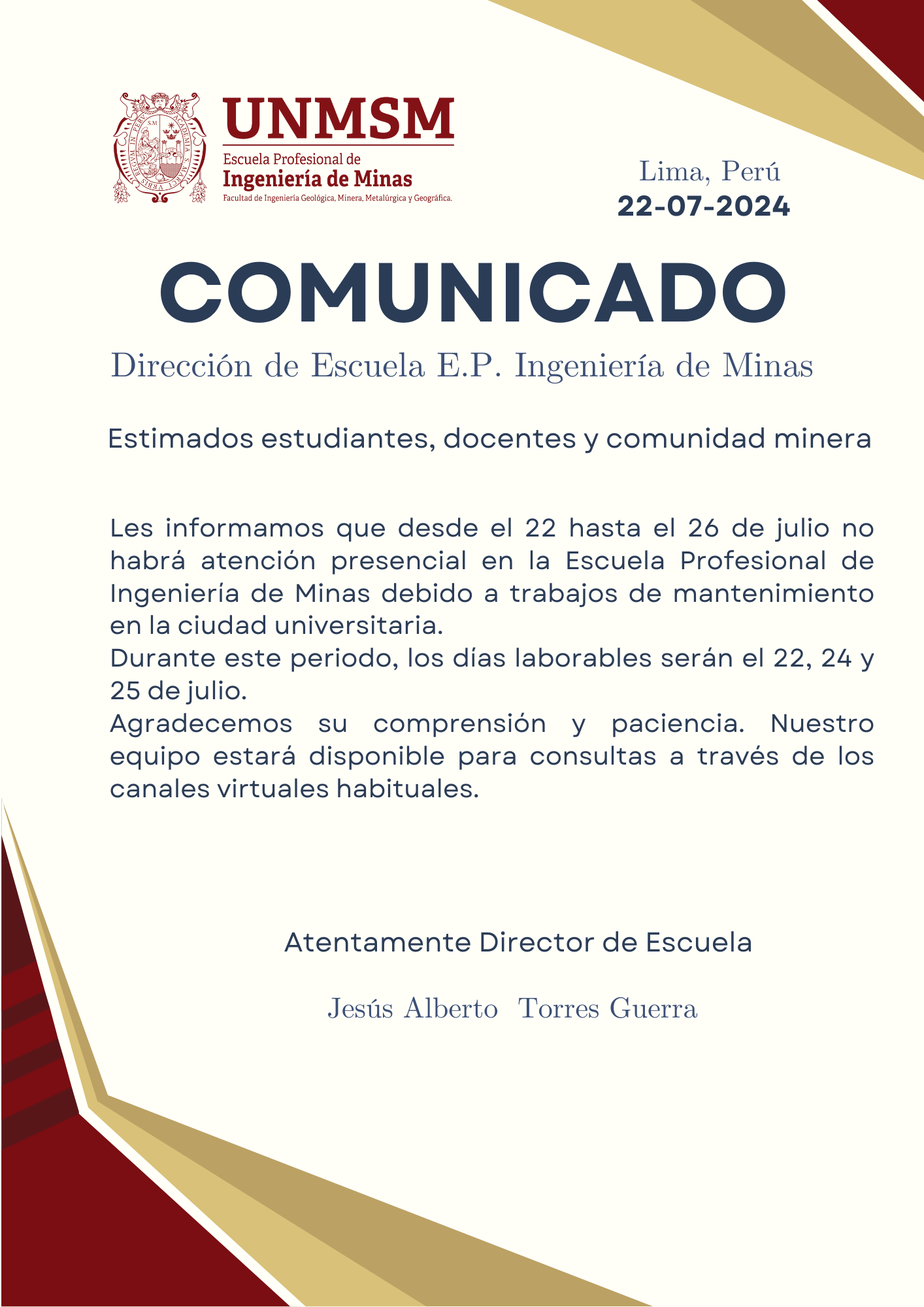 Atención presencial suspendida del 22 al 26 de julio por mantenimiento en la ciudad universitaria