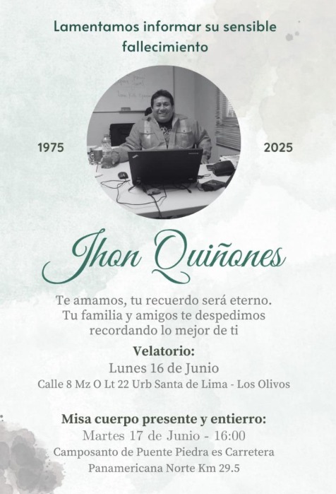 🕊️ Comunicamos con profunda tristeza el fallecimiento de nuestro ex alumno Jhon Quiñones (1975 – 2025)