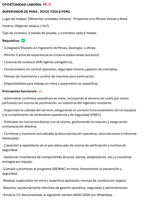 📢 OPORTUNIDAD LABORAL 📢